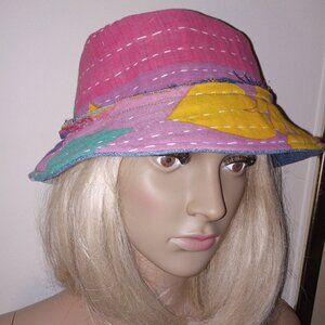 Kantha & Denim Bucket Hat Reversible Pink Lilac Yellow Patchwork Handmade BHAT9.